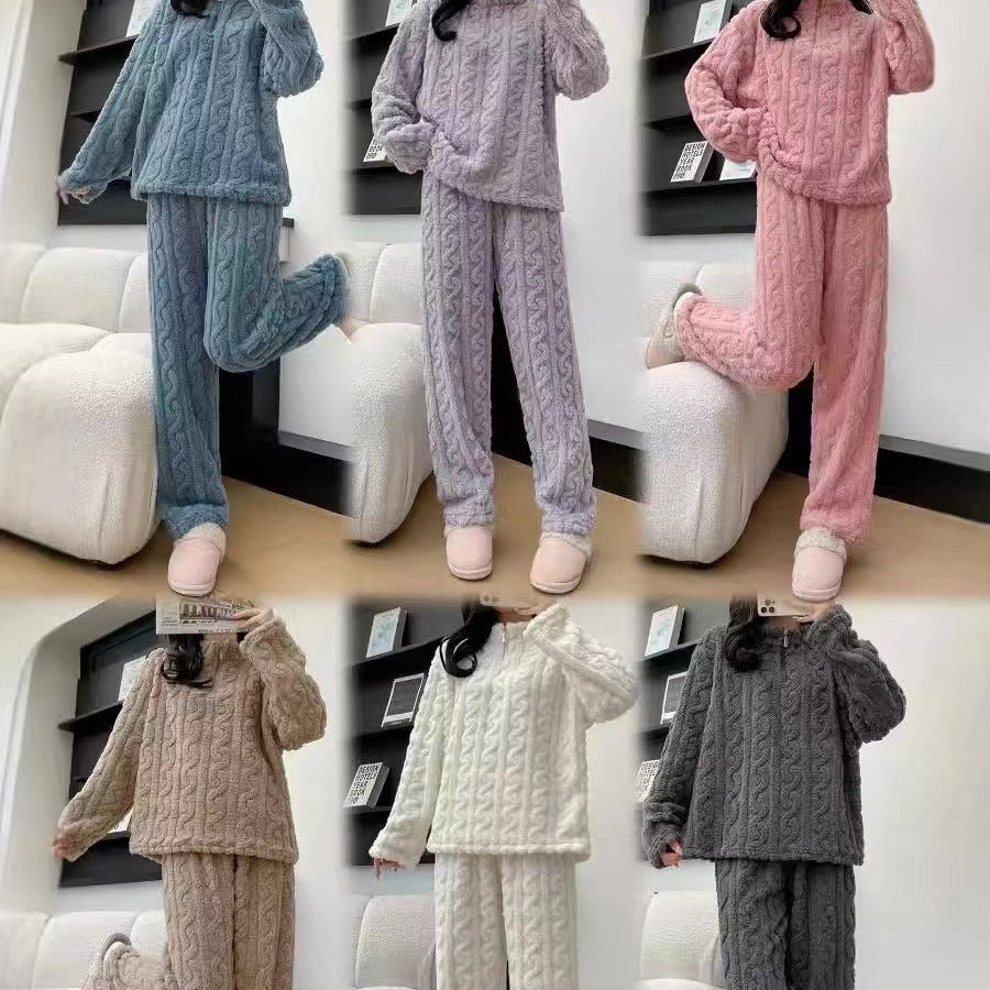 Winter Warm Pajamas For Women Coral Fleece Pajamas Sleepwear 2 Piece Loungewear